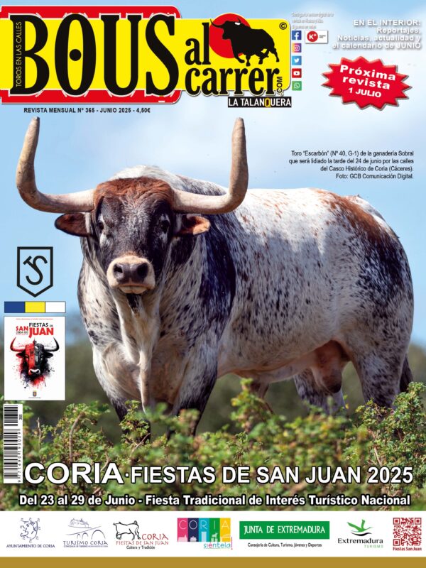 Portada Revista Bous al Carrer Junio 2025 Nº 365 con toro Escarbón de Sobral y Fiestas de San Juan Coria